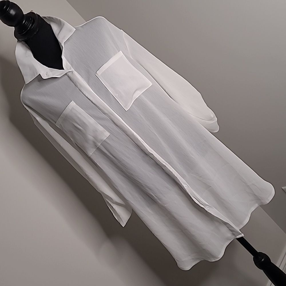 White sheer tunic button front collared shirt